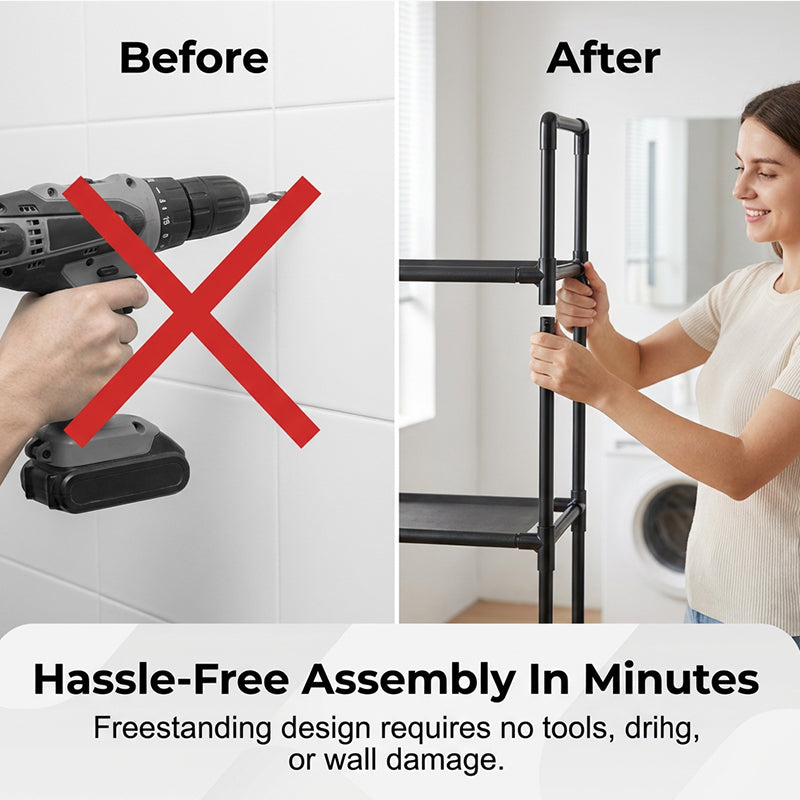 🧺No-Drill Over-Washer Storage Rack, Waterproof Rustproof Laundry & Bathroom Organizer Shelf for Space Saving